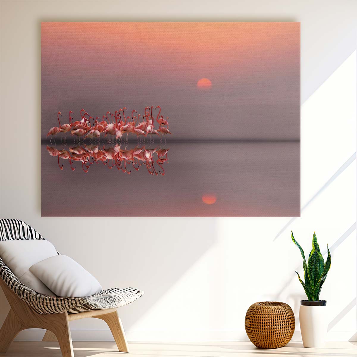 Sunset Flamingo Flock Reflection Wall Art by Anna Cseresnjes by Luxuriance Designs. Made in USA.
