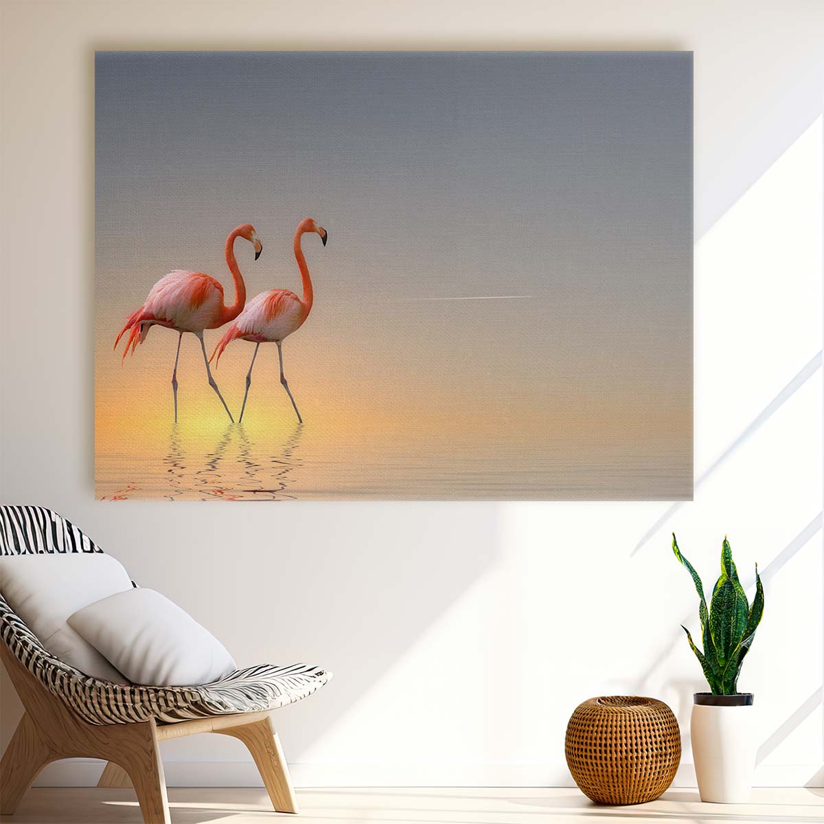 Romantic Flamingo Sunset Reflection Wall Art by Luxuriance Designs. Made in USA.