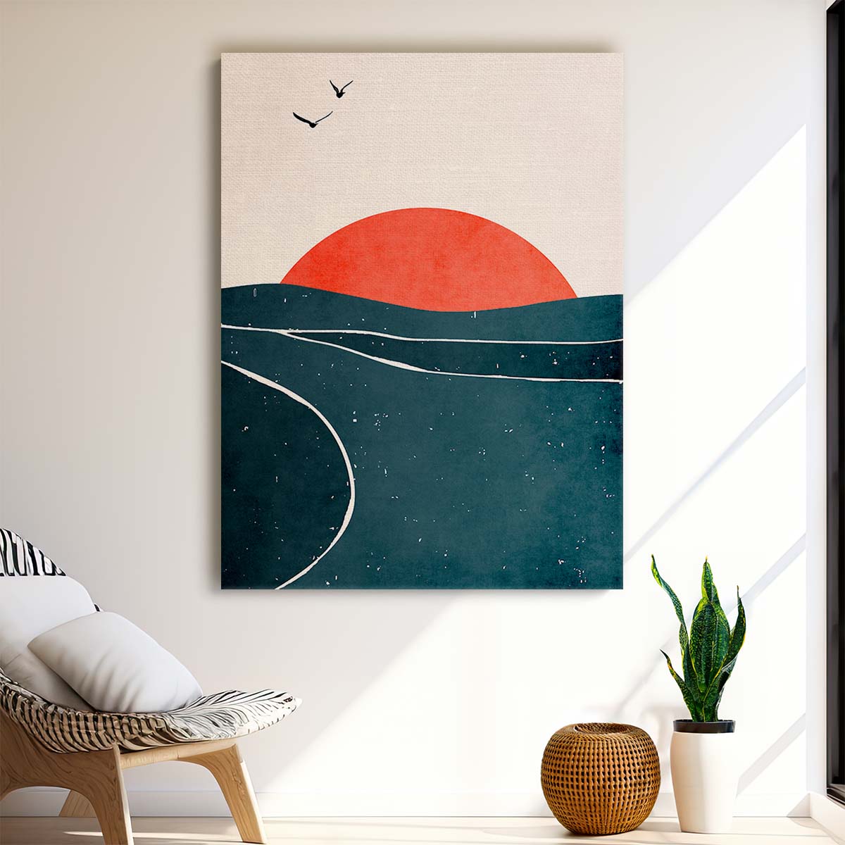 Kubistika Illustration of Seagulls at Red Sunset Landscape by Luxuriance Designs, made in USA
