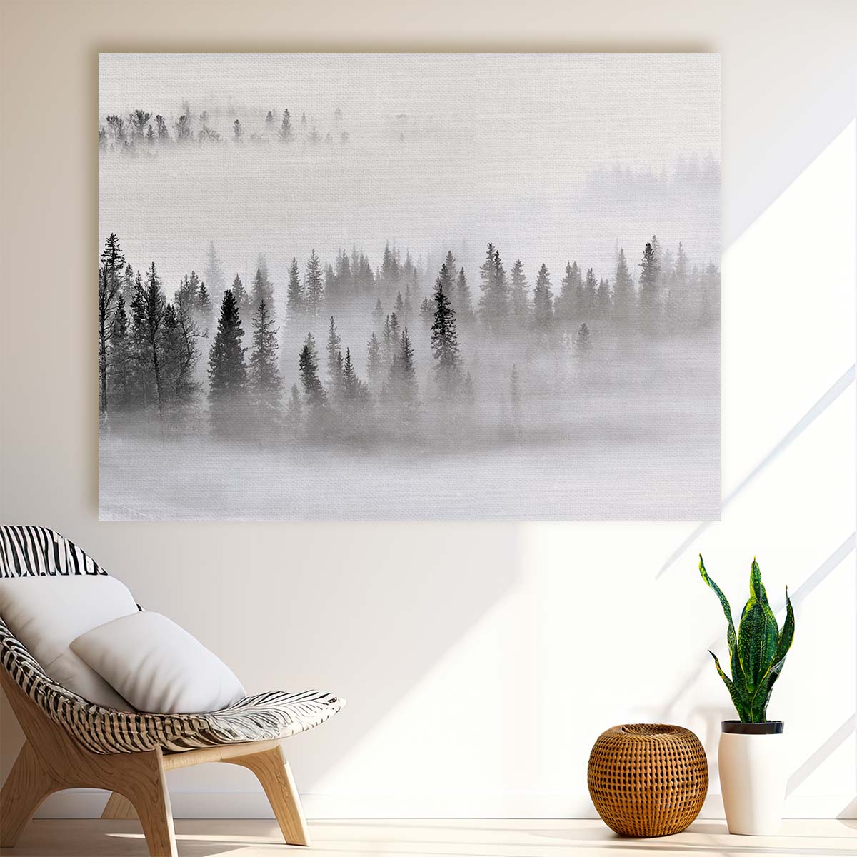 Dreamy Foggy Pine Forest Panorama in Monochrome Wall Art