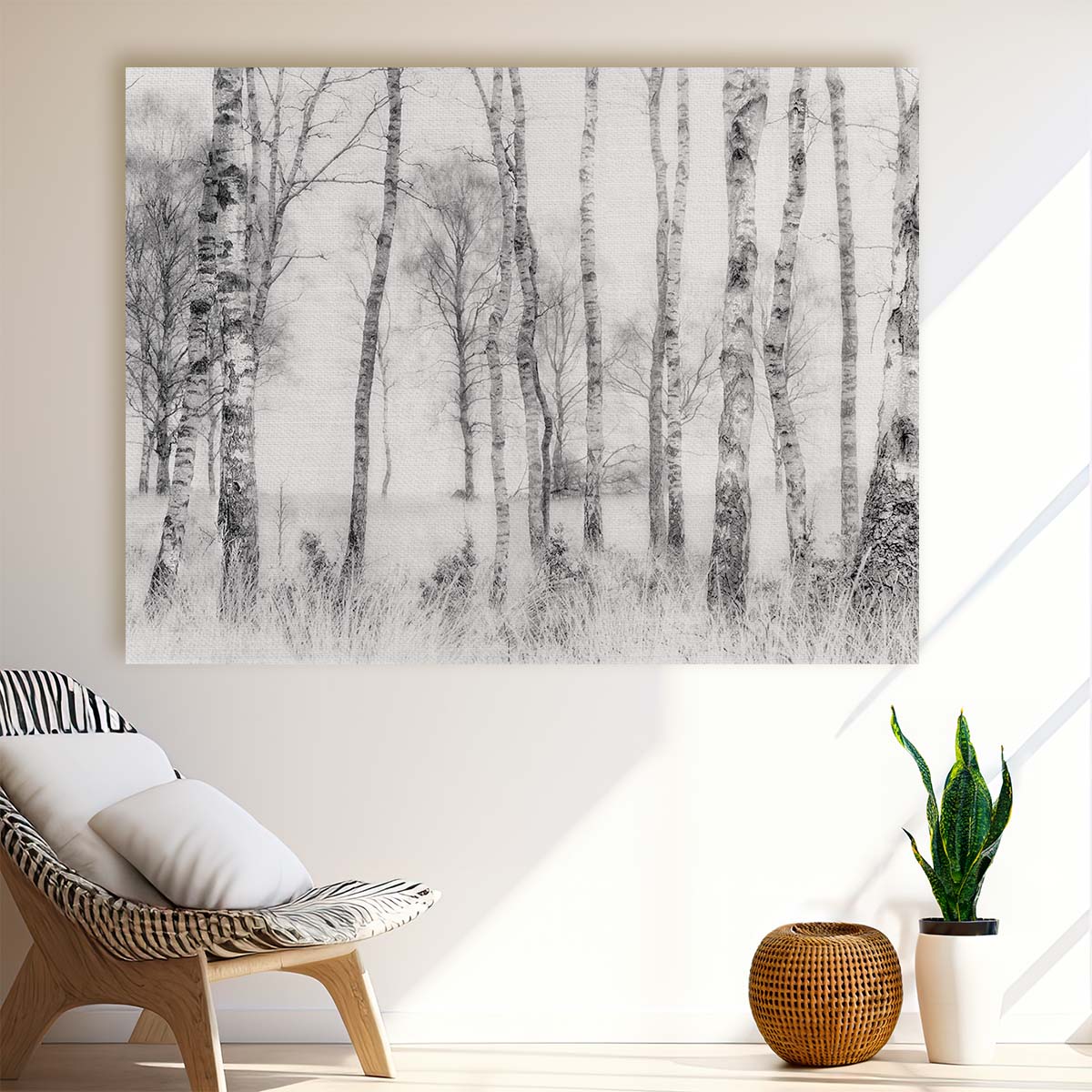 Misty Birch Forest Landscape Black & White Photography Wall Art