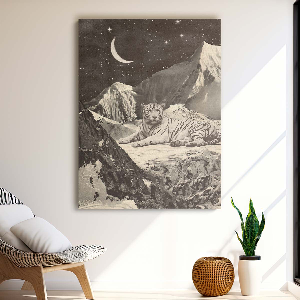 Winter Landscape Tiger Illustration Snowy Mountains & Starry Night Sky by Luxuriance Designs, made in USA