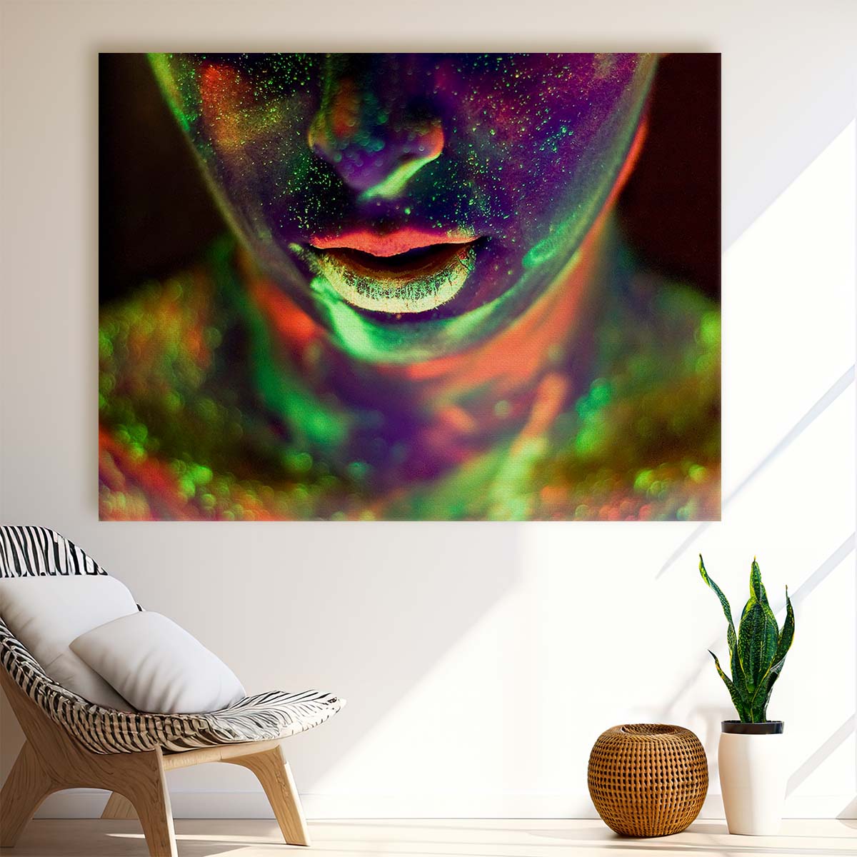 Colorful Glowing Neon Woman Portrait Wall Art by Luxuriance Designs. Made in USA.