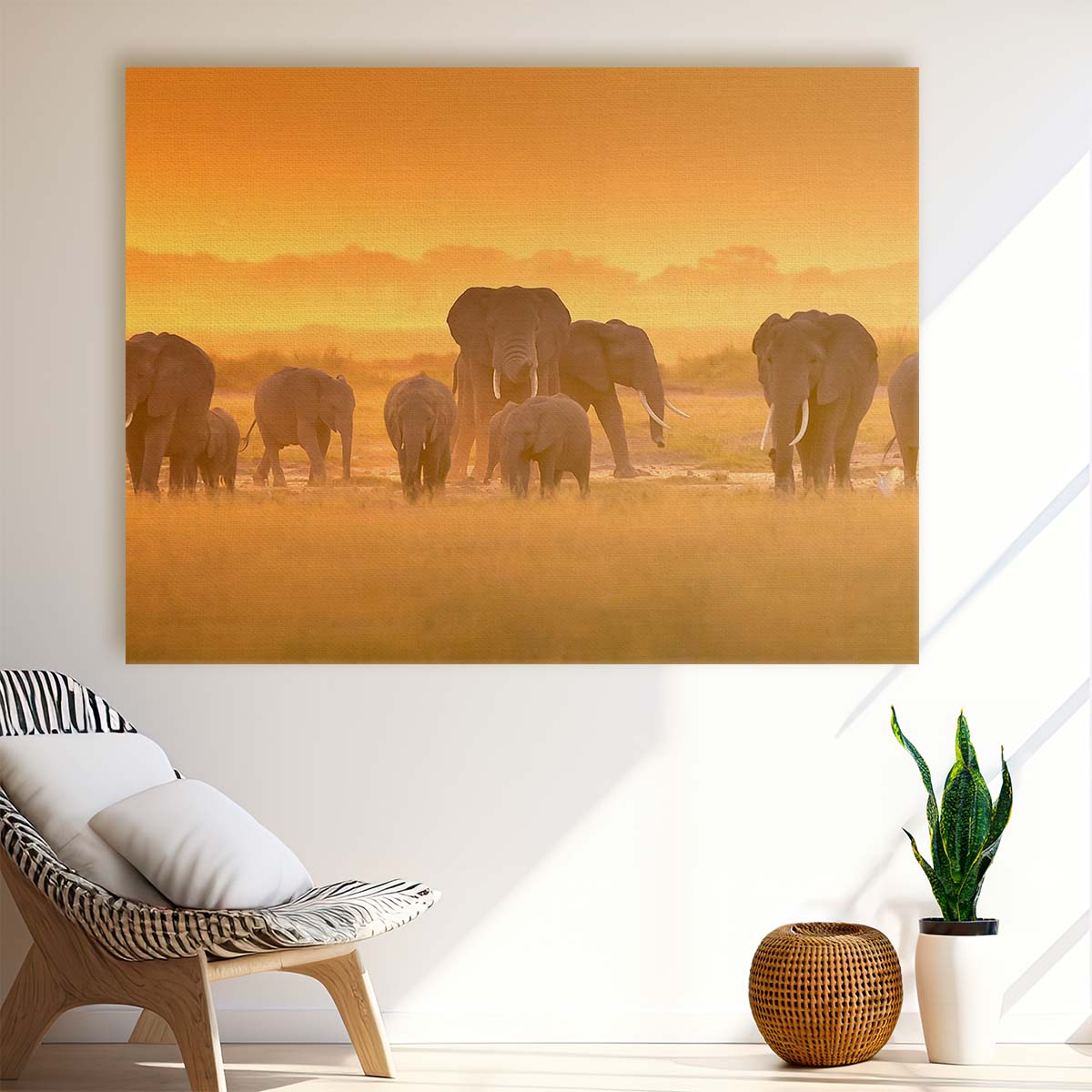 Majestic Amboseli Elephant Herd Sunset Panorama Wall Art by Luxuriance Designs. Made in USA.