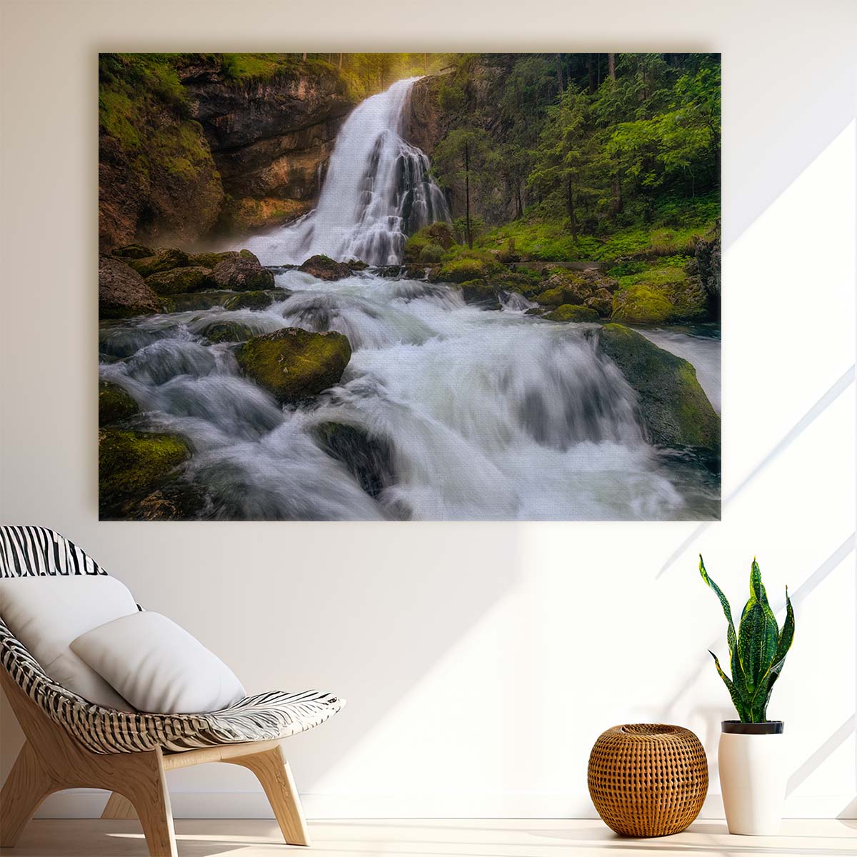 Majestic Golling Waterfall Forest Landscape Wall Art by Luxuriance Designs. Made in USA.