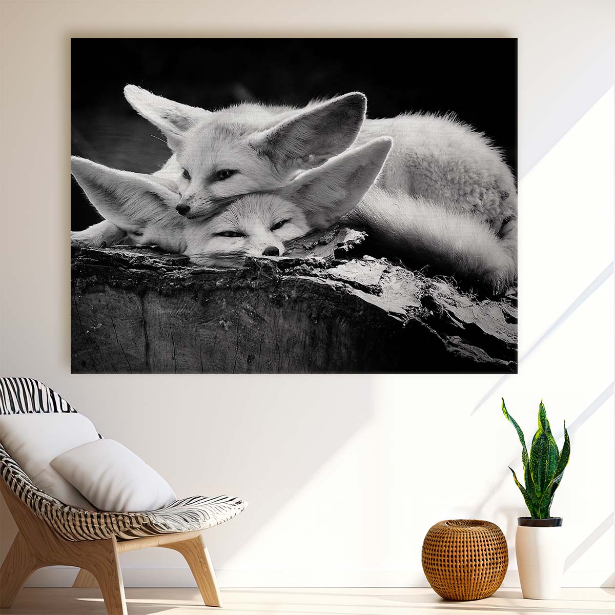 Joyful Fennec Fox Pair Embrace Monochrome Wall Art by Luxuriance Designs. Made in USA.