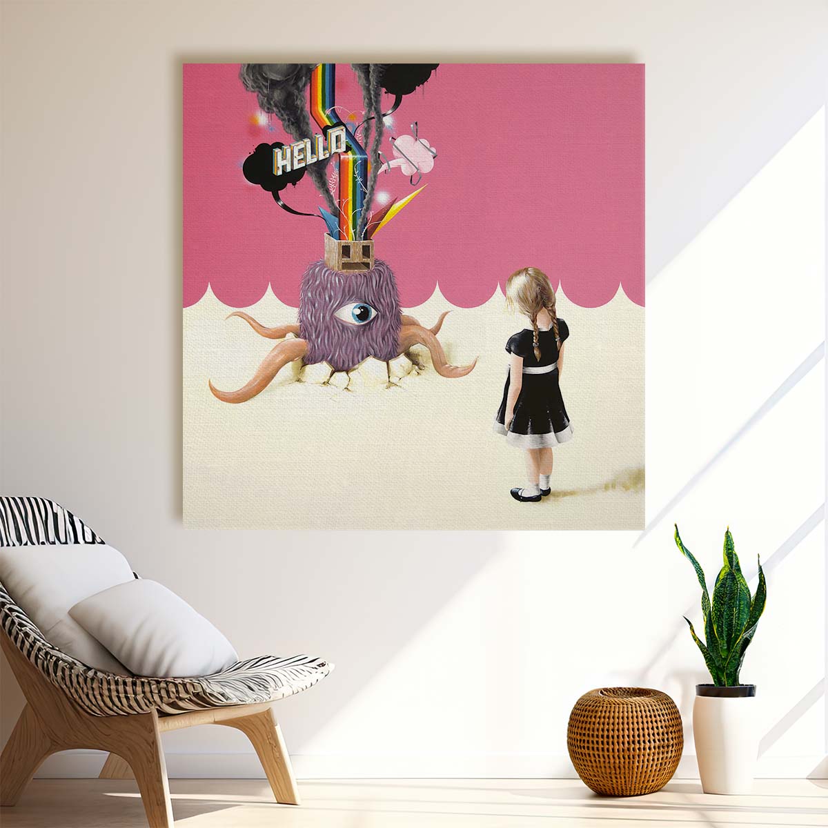 Surreal Colorful Illustration of Little Girl & Monster Wall Art by Luxuriance Designs. Made in USA.