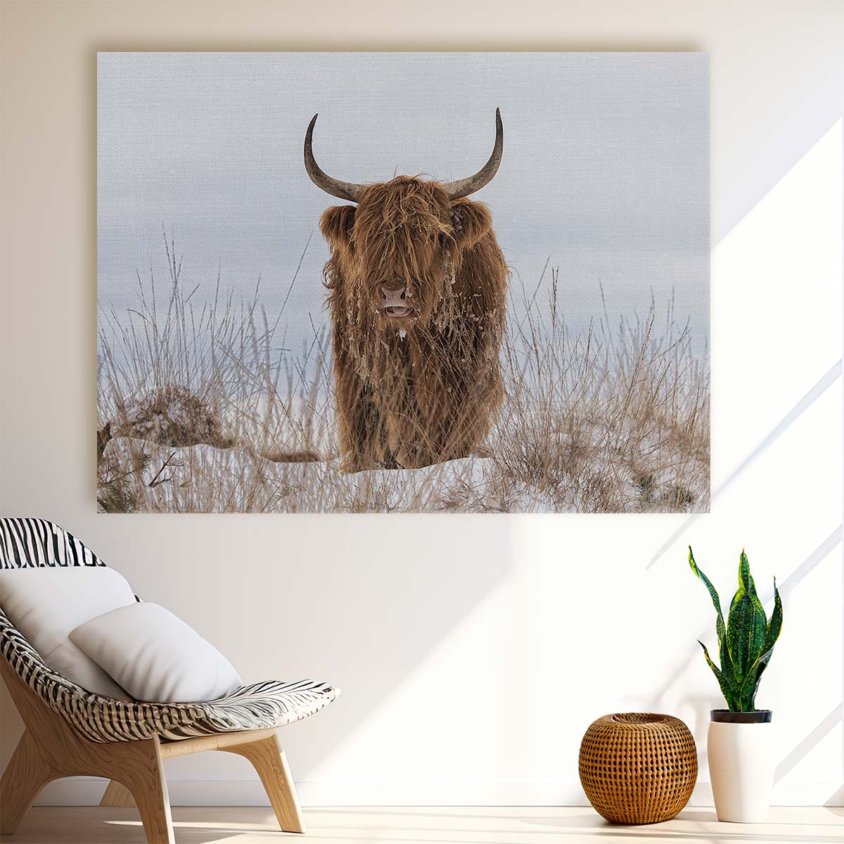 Frosty Highland Cow in Snowy Veluwe Wall Art by Luxuriance Designs. Made in USA.