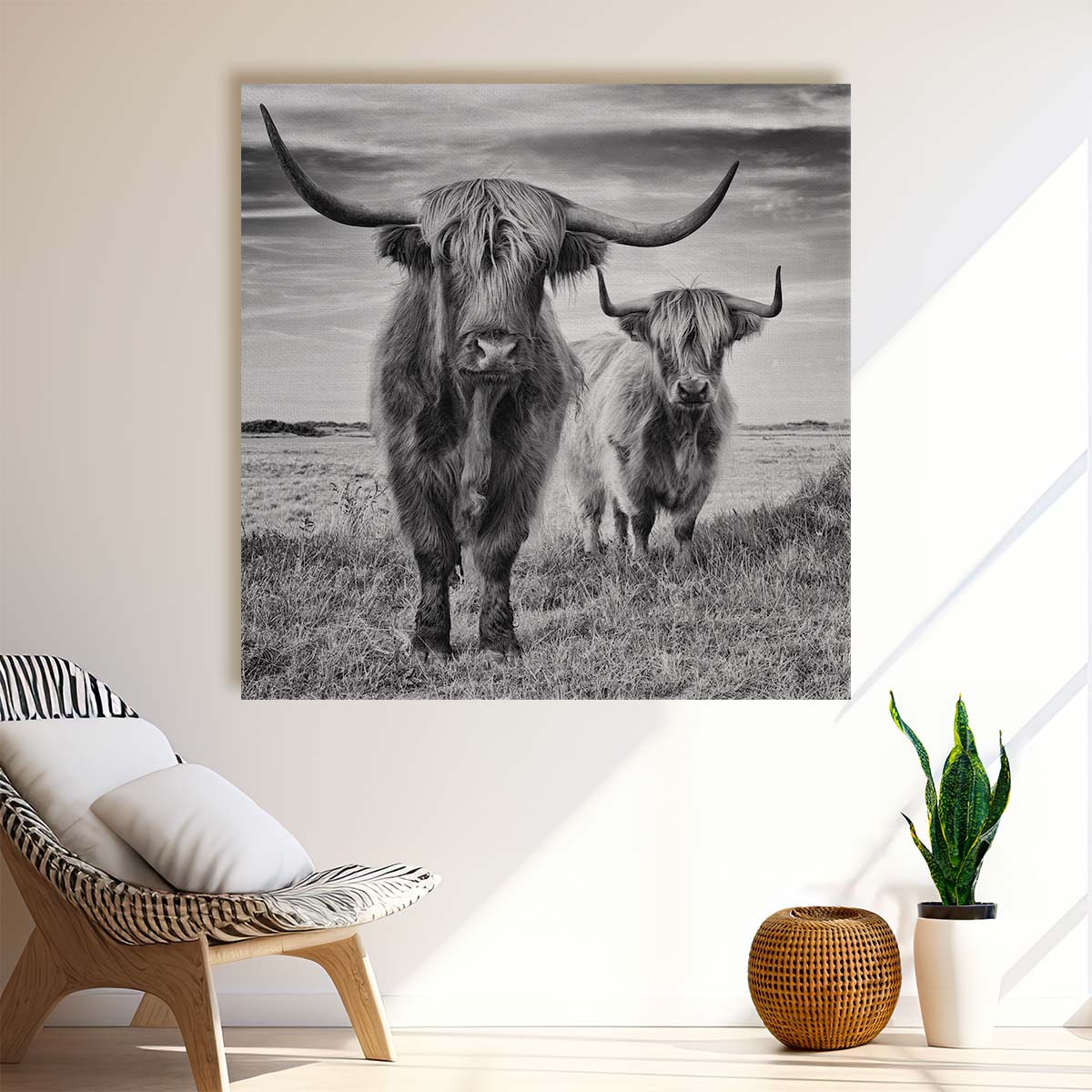 Black & White Highlands Cow Photography Animal Art Wall Art by Luxuriance Designs. Made in USA.
