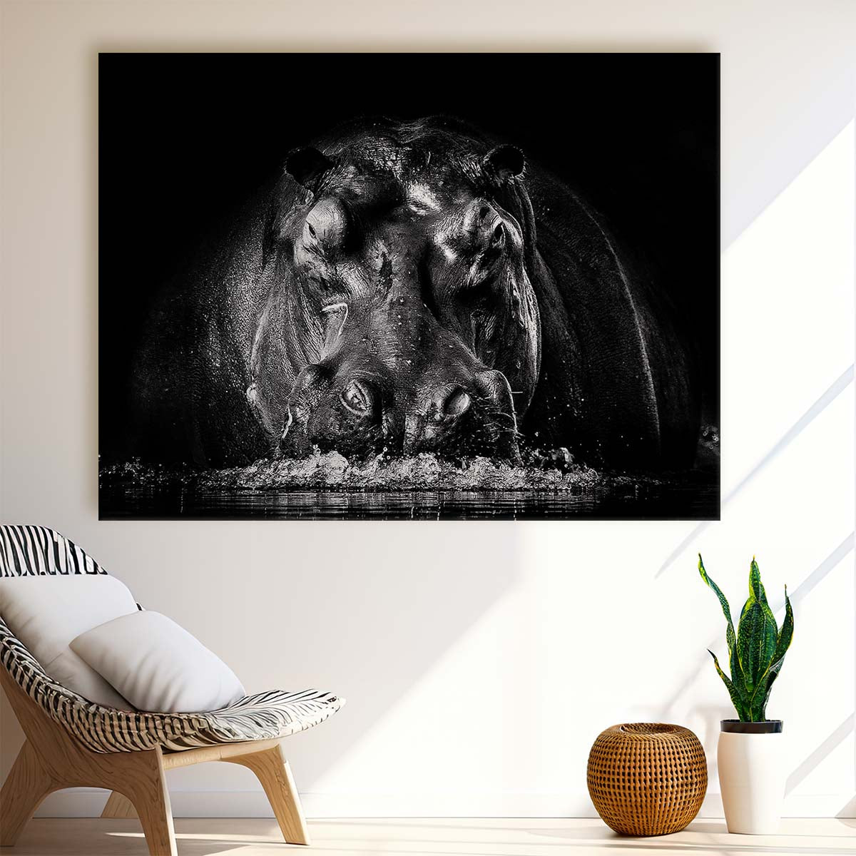 Dramatic Charging Hippo Savannah Scene Wall Art by Luxuriance Designs. Made in USA.