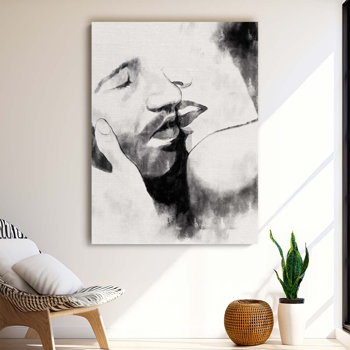 Romantic Kiss Illustration, Monochrome Watercolor Couple Art by Luxuriance Designs, made in USA