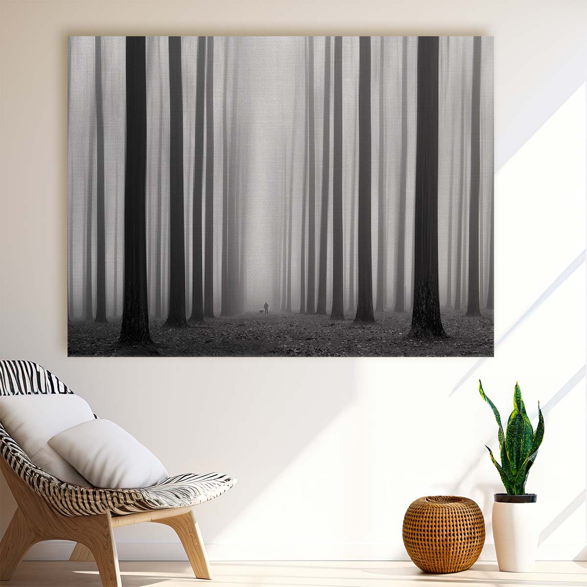 Misty Forest Walk with Dog in Monochrome Wall Art by Luxuriance Designs. Made in USA.