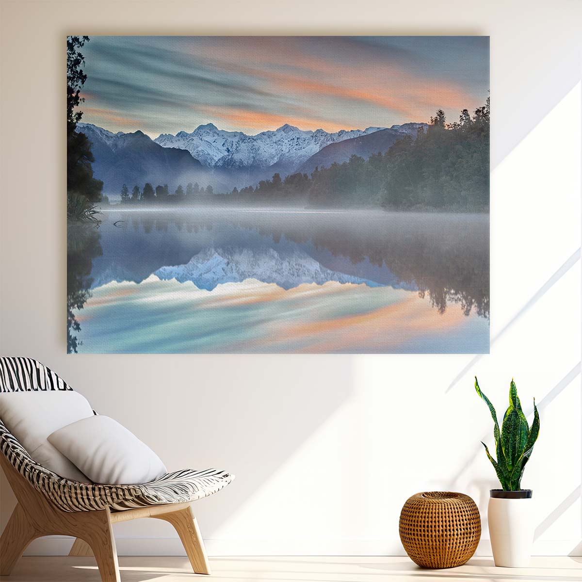 Serene Lake Matheson Reflection Sunrise Wall Art by Luxuriance Designs. Made in USA.