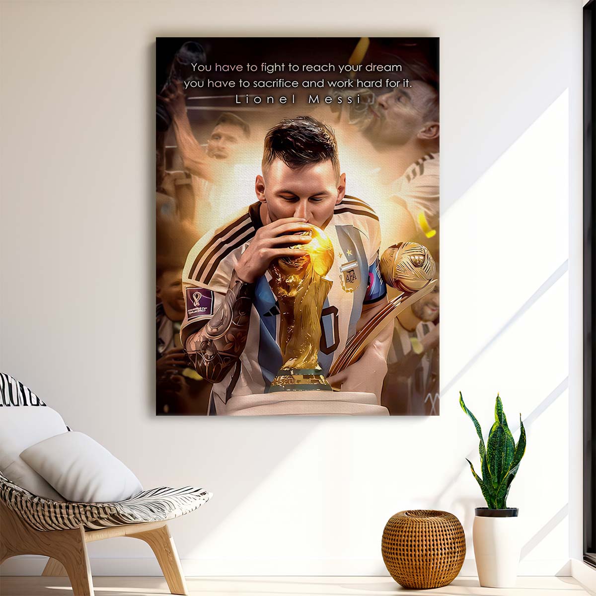 Leo Messi Kissing World Cup Trophy Wall Art by Luxuriance Designs. Made in USA.