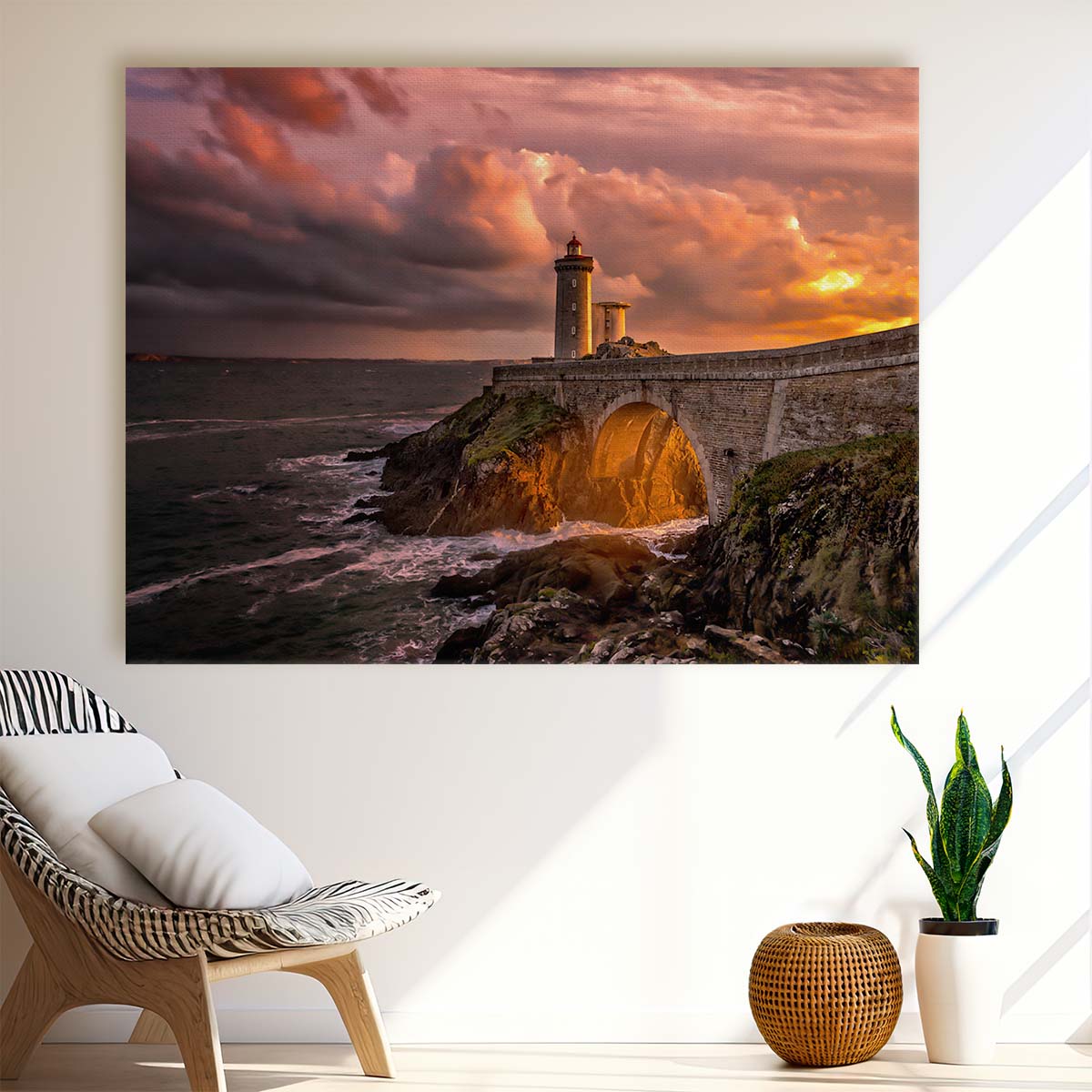 Golden Sunset Lighthouse Seascape Wall Art by Luxuriance Designs. Made in USA.