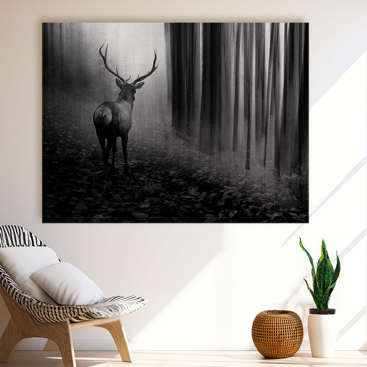 Majestic Stag in Monochrome Forest Landscape Wall Art by Luxuriance Designs. Made in USA.
