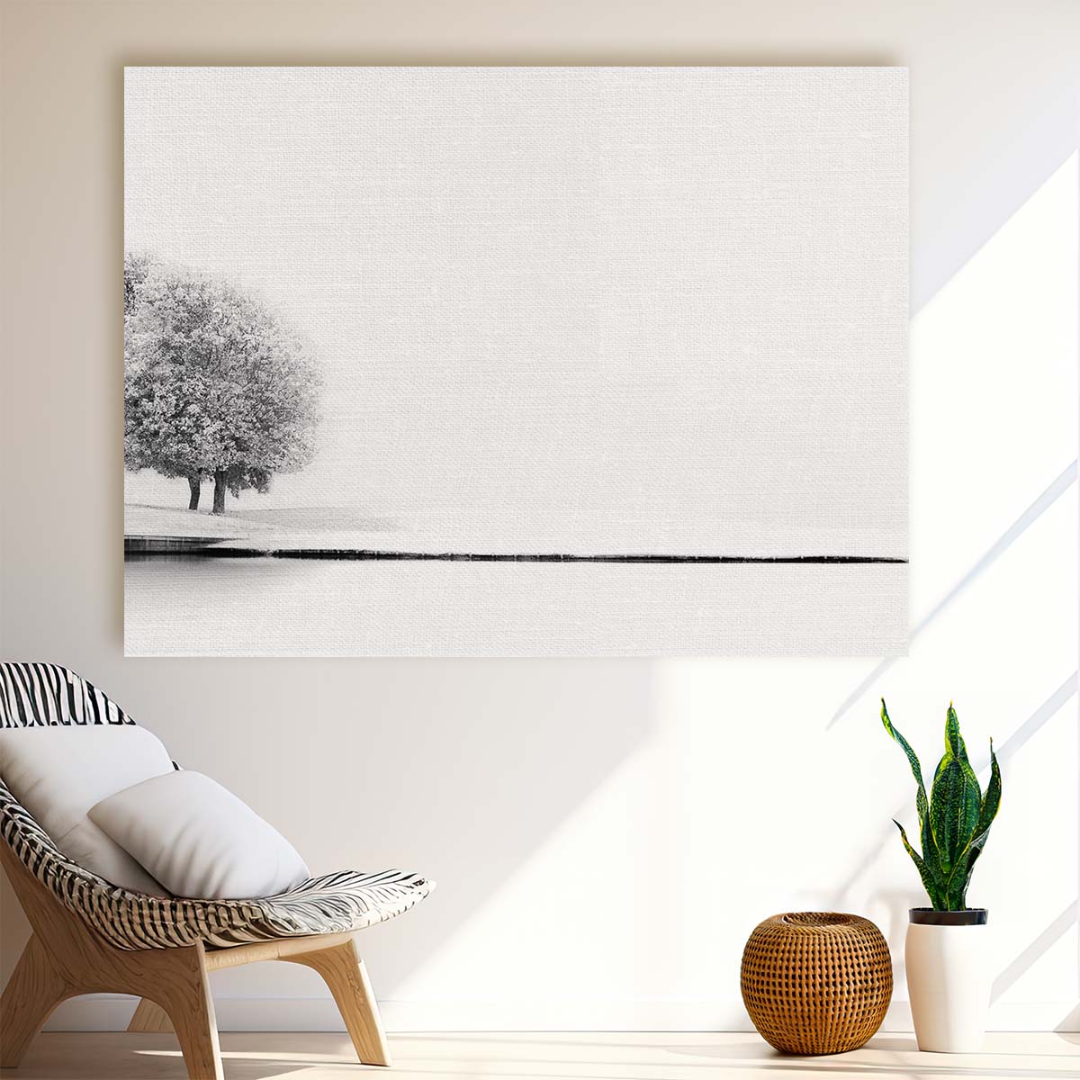 Minimalist Winter Snowscape Monochrome Lake Wall Art by Luxuriance Designs. Made in USA.