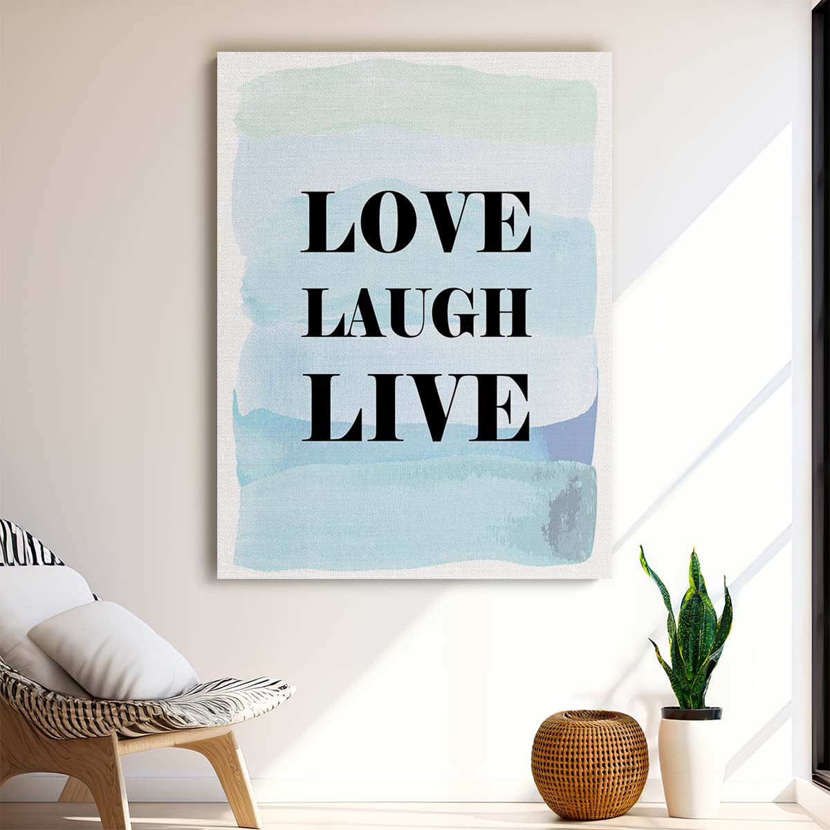 Love, Laugh, Live Inspirational Quote Blue Illustration Wall Art by Luxuriance Designs, made in USA