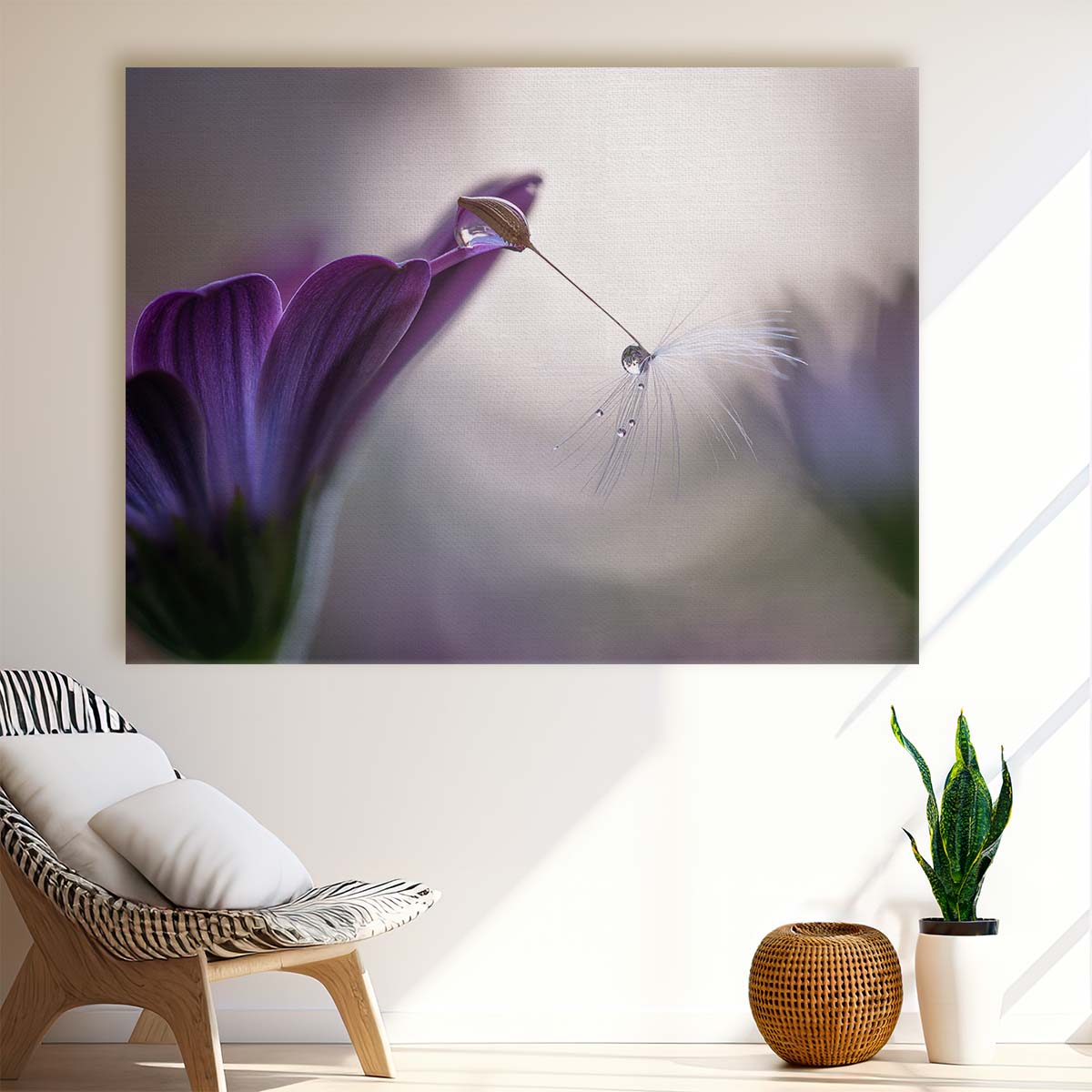 Delicate Purple Dandelion Dewdrops Macro Wall Art by Luxuriance Designs. Made in USA.
