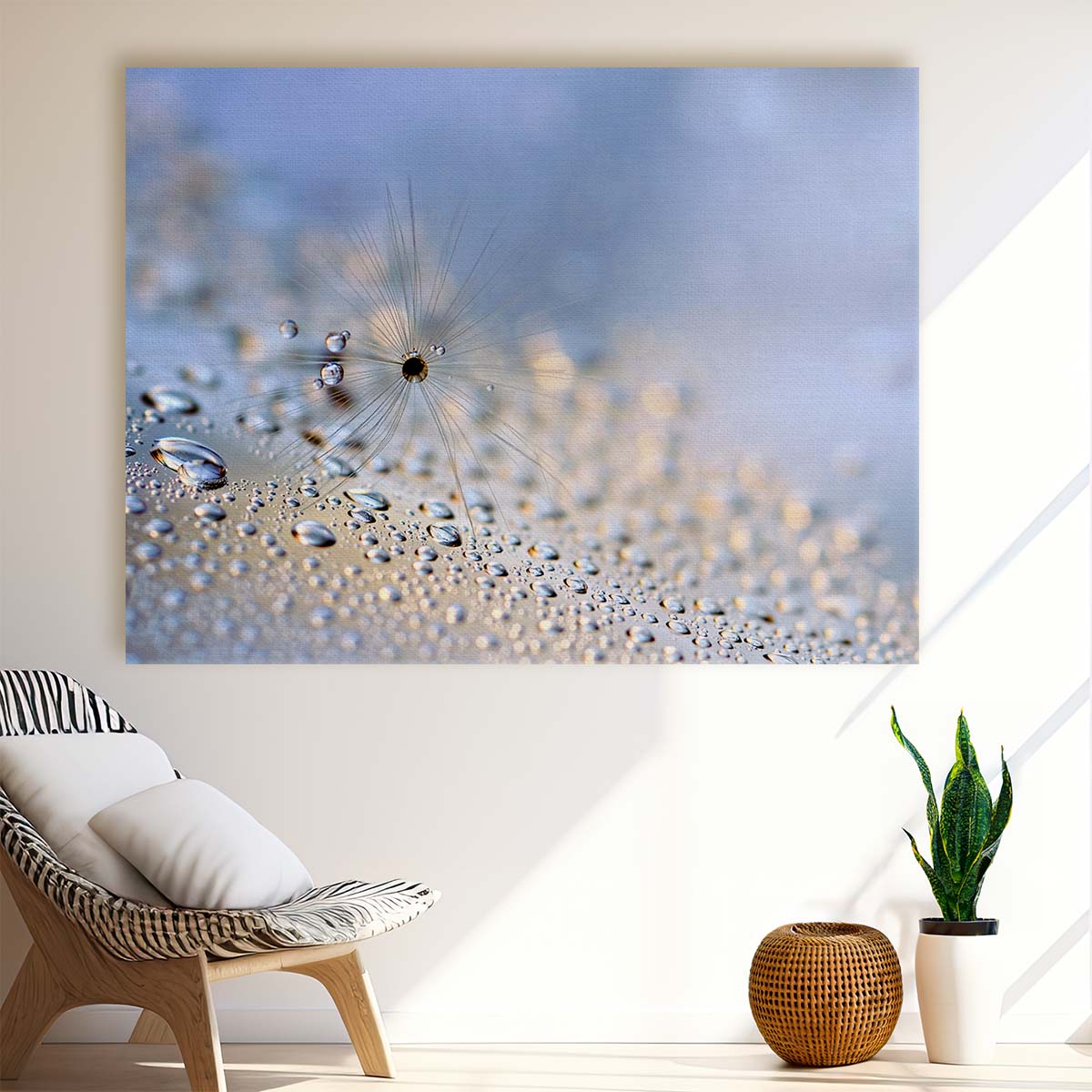 Delicate Feather & Seed Macro Droplets Wall Art by Luxuriance Designs. Made in USA.