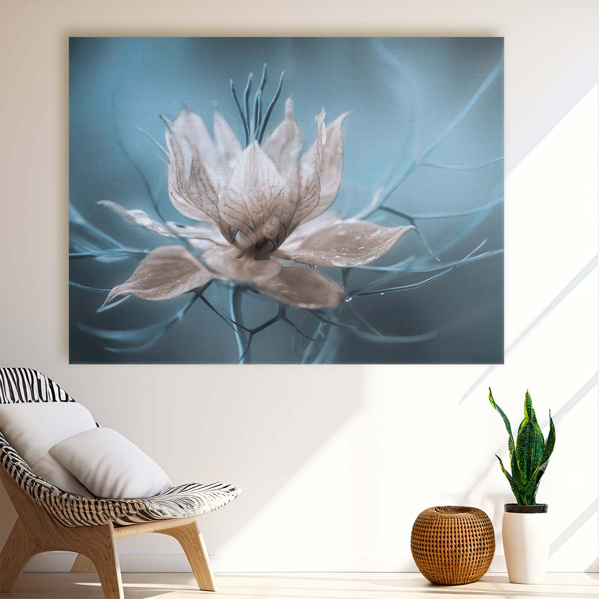 Delicate Blue & White Nigella Floral Macro Wall Art by Luxuriance Designs. Made in USA.