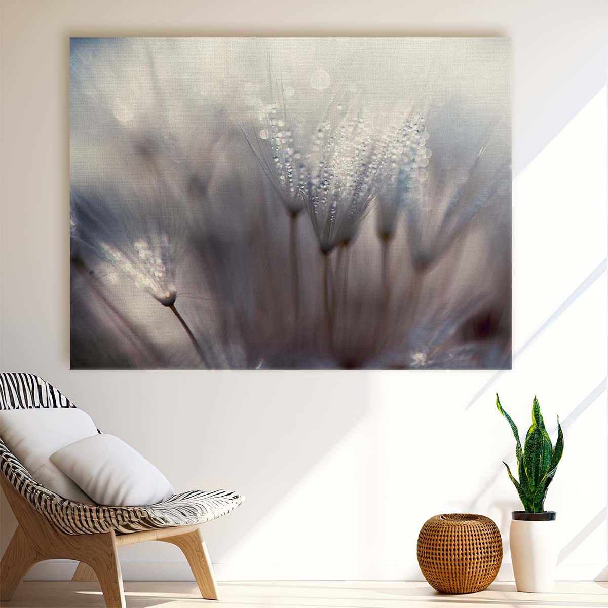 Delicate Dandelion Dewdrop Macro Floral Wall Art by Luxuriance Designs. Made in USA.