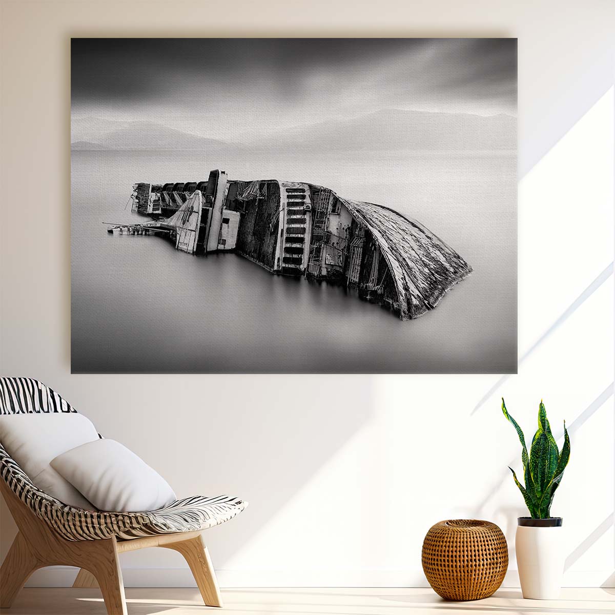 Silky Seascape Shipwreck Monochrome Wall Art by Luxuriance Designs. Made in USA.