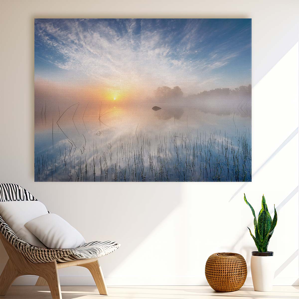 Misty Sunrise Lake Reflection Landscape Wall Art by Luxuriance Designs. Made in USA.