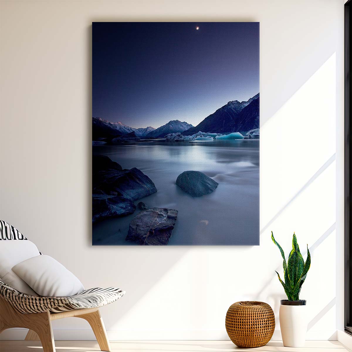 Blue Moonlit New Zealand Seascape Photography Serene Mountain and River Landscape by Luxuriance Designs, made in USA