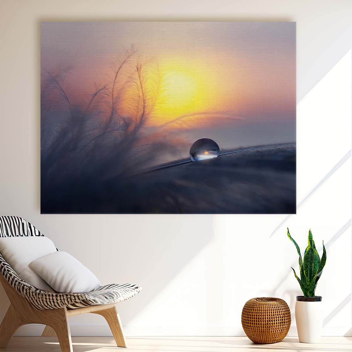 Delicate Dawn Feather & Dewdrop Sunrise Wall Art by Luxuriance Designs. Made in USA.