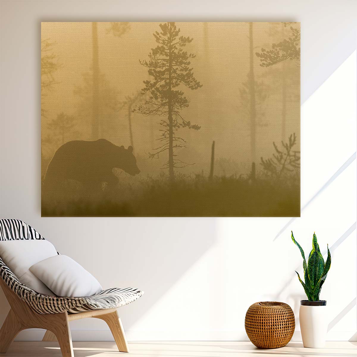 Misty Dawn Bear Silhouette Forest Landscape Wall Art by Luxuriance Designs. Made in USA.