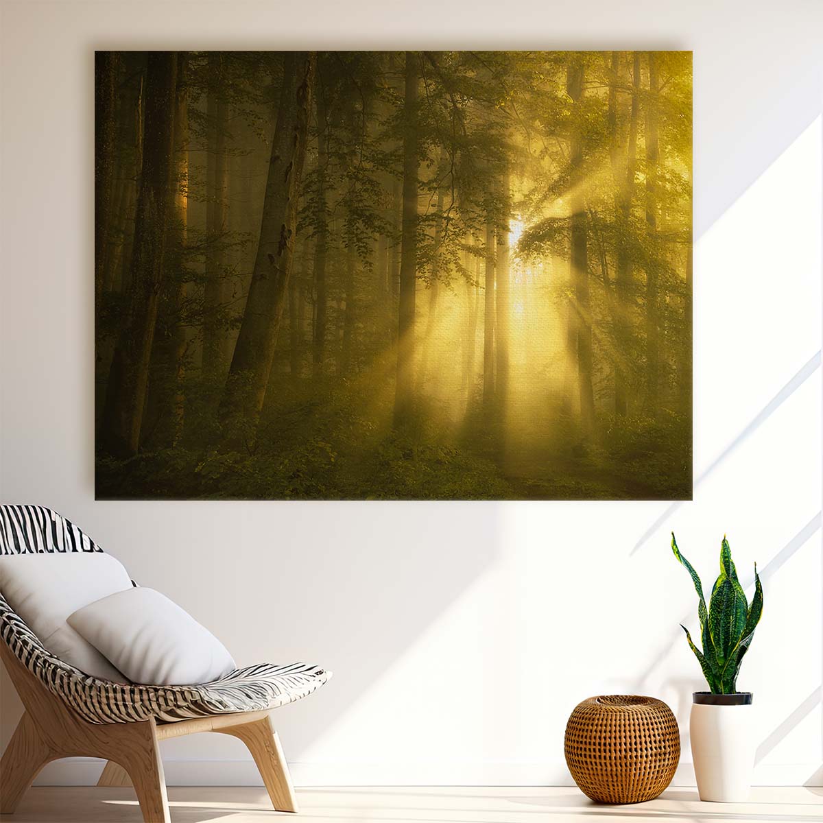 Sunrise Misty Forest Rays Landscape Wall Art by Luxuriance Designs. Made in USA.