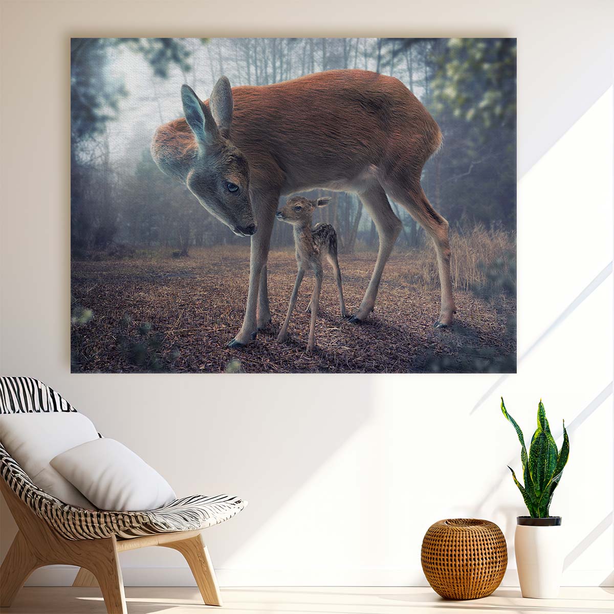 Surreal MotherBaby Deer Fantasy Forest Wall Art by Luxuriance Designs. Made in USA.