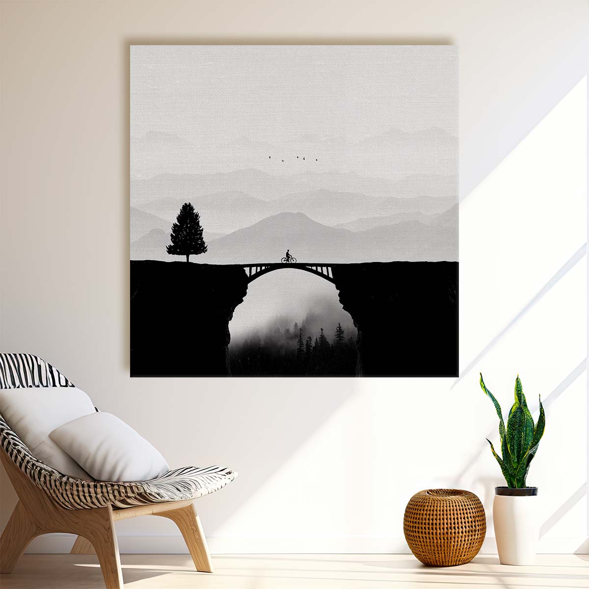 Misty Mountain Bike Adventure in Monochrome Landscape Photography Wall Art by Luxuriance Designs. Made in USA.