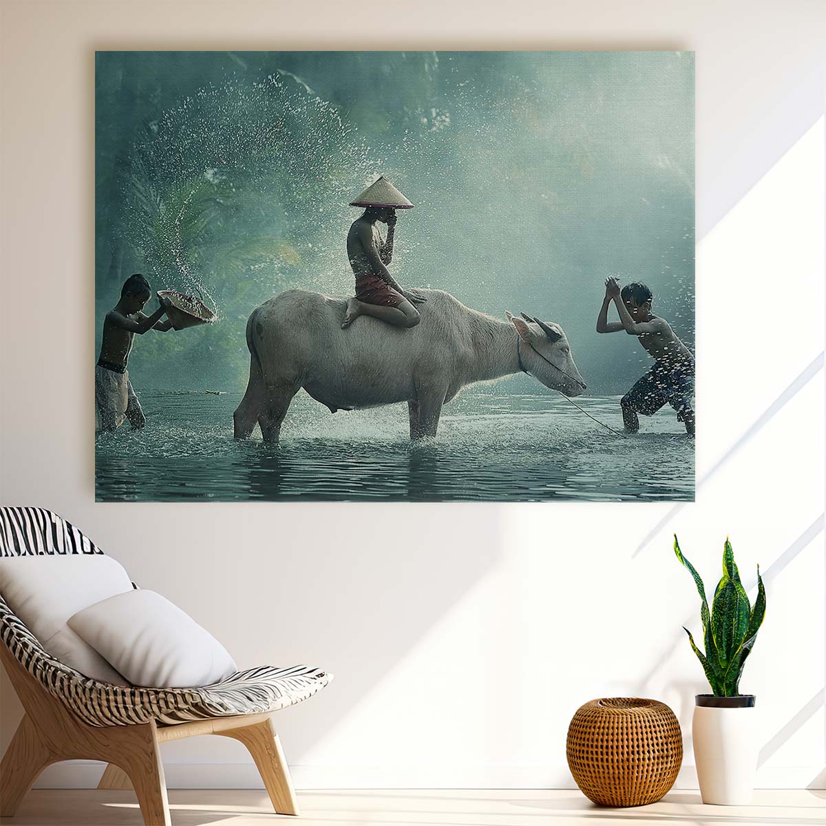 Indonesian Water Buffalo Playtime River Scene Wall Art by Luxuriance Designs. Made in USA.