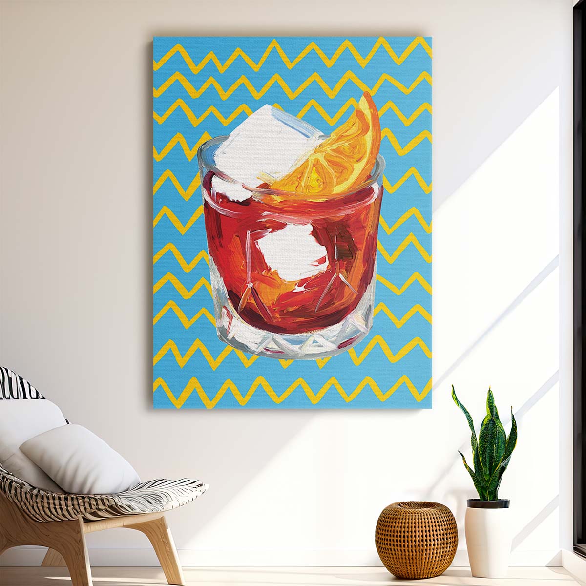 Blue Negroni Cocktail Abstract Geometric Illustration Wall Art by Luxuriance Designs, made in USA