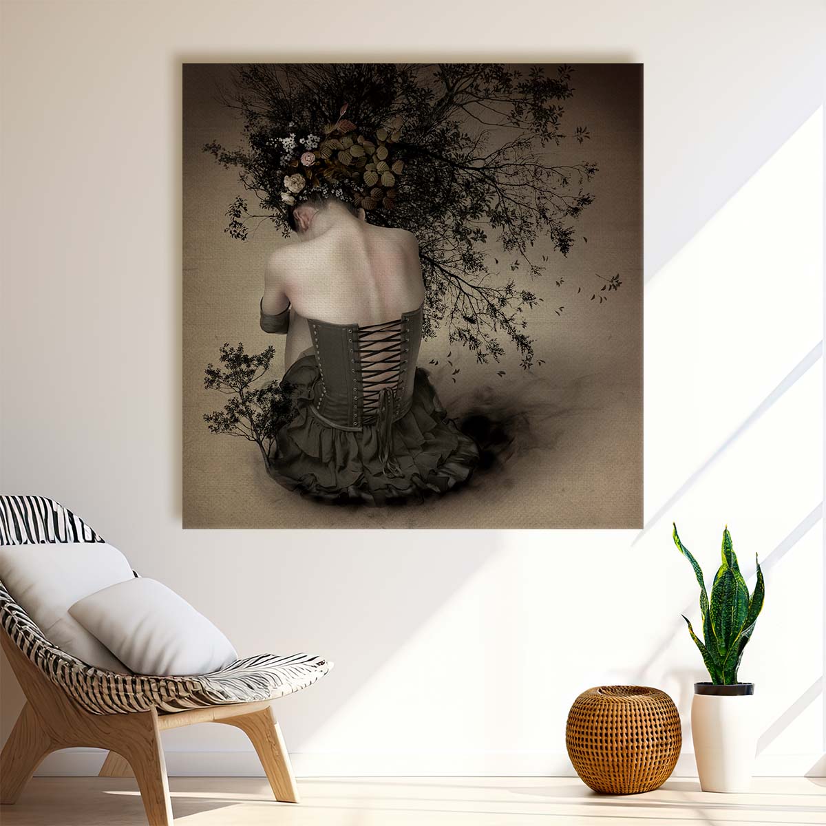 Enigmatic Woman in Blossom A Surreal Floral Fantasy Wall Art by Luxuriance Designs. Made in USA.