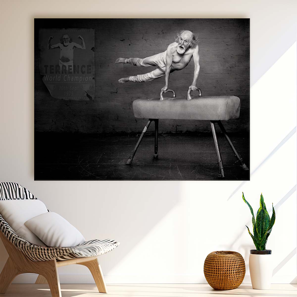 Speedy Senior Gymnast Humorous Monochrome Wall Art by Luxuriance Designs. Made in USA.