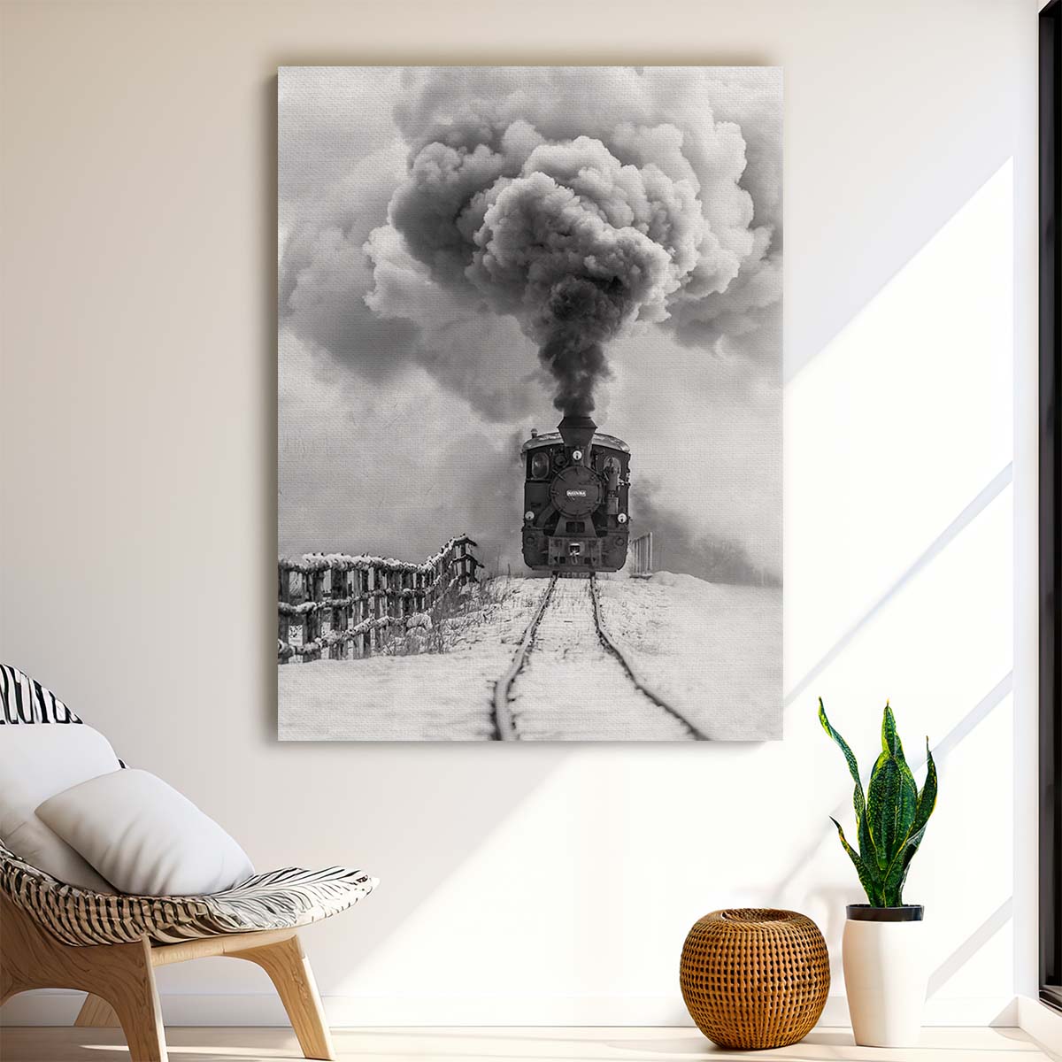 Vintage Steam Locomotive Photography in Dramatic Monochrome Winter Scene by Luxuriance Designs, made in USA