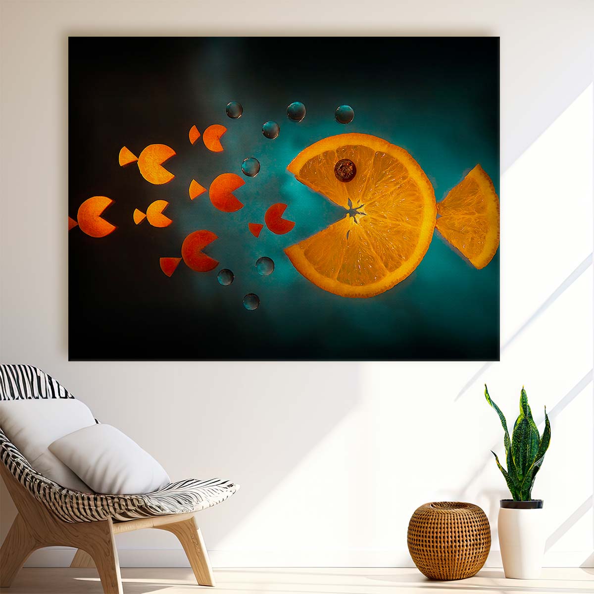 Whimsical Italian Orange Fish & Fruit Still Life Wall Art by Luxuriance Designs. Made in USA.