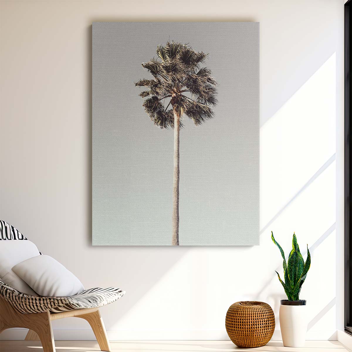 Minimalist Tropical Palm Tree Landscape Photography, Exotic Gray Sky by Luxuriance Designs, made in USA