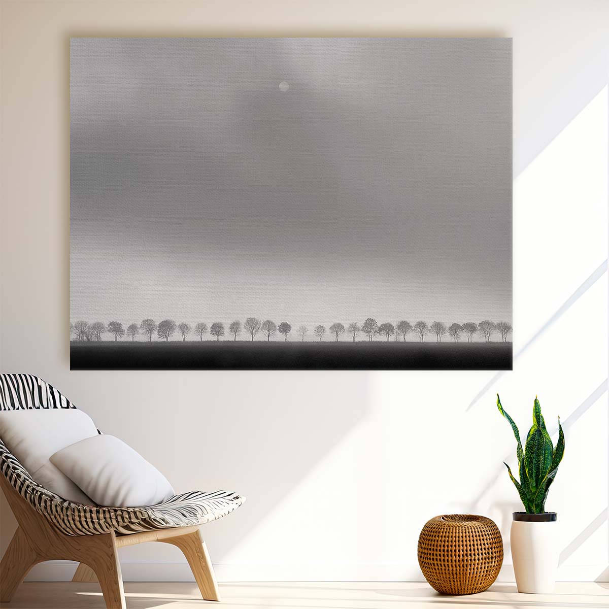 Moonlit Monochrome Tree Panorama Dutch Landscape Wall Art by Luxuriance Designs. Made in USA.