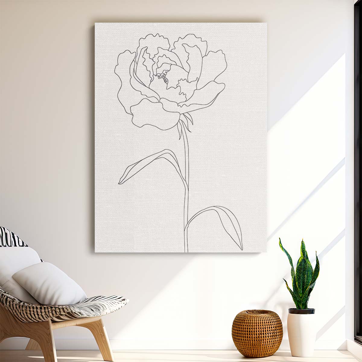 Minimalist Peony Illustration Line Art - Black and White Botanical Sketch by Luxuriance Designs, made in USA