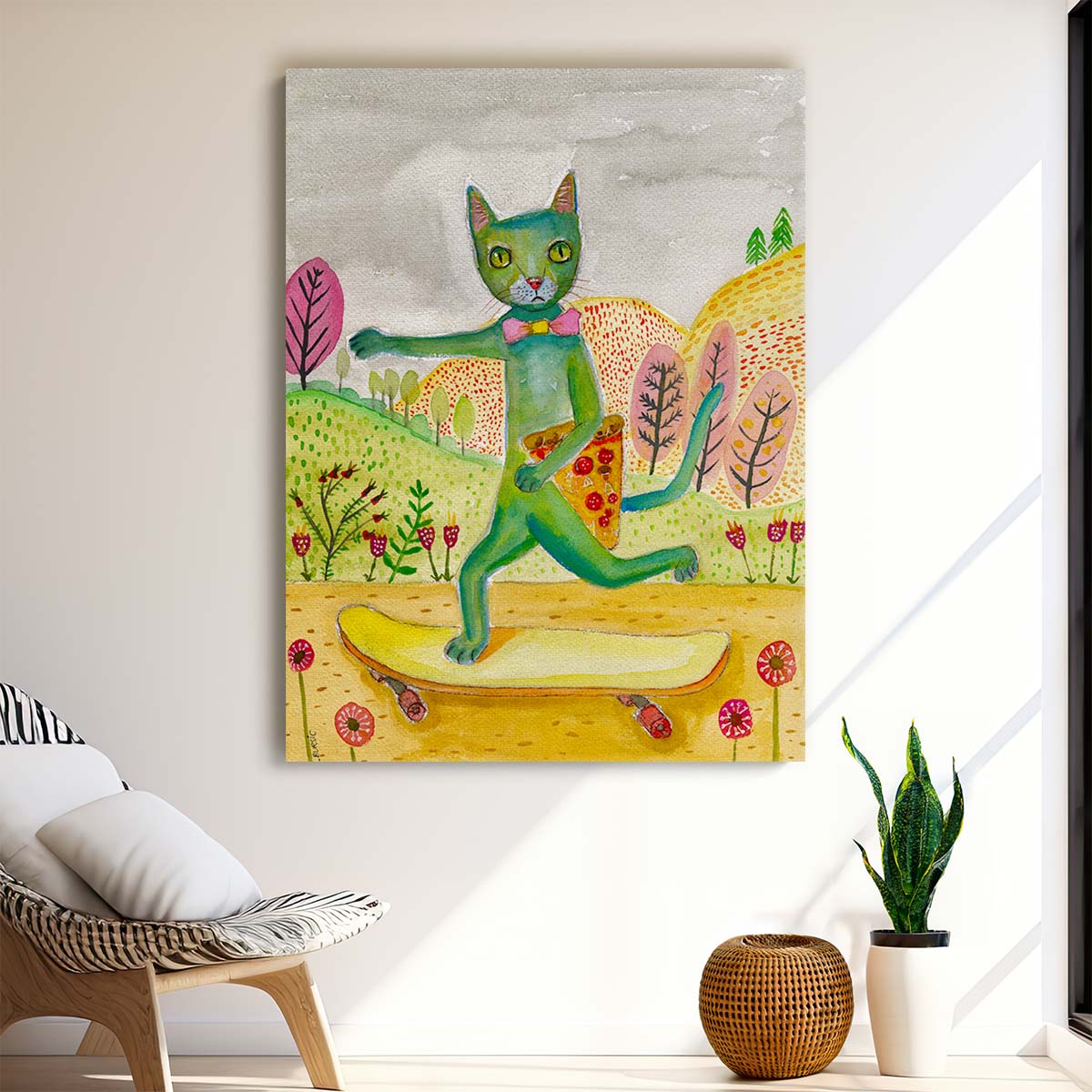 Colorful Pizza Cat Skateboarding Illustration with Floral Botanical Design by Luxuriance Designs, made in USA