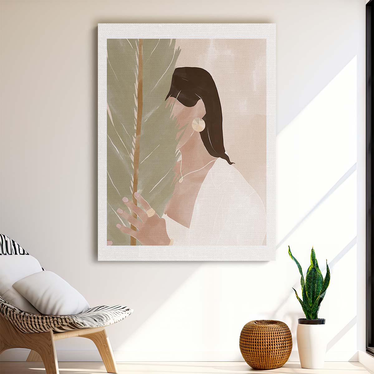 Botanical Boho Girl Portrait, Brunette with Plant Illustration Artwork by Luxuriance Designs, made in USA