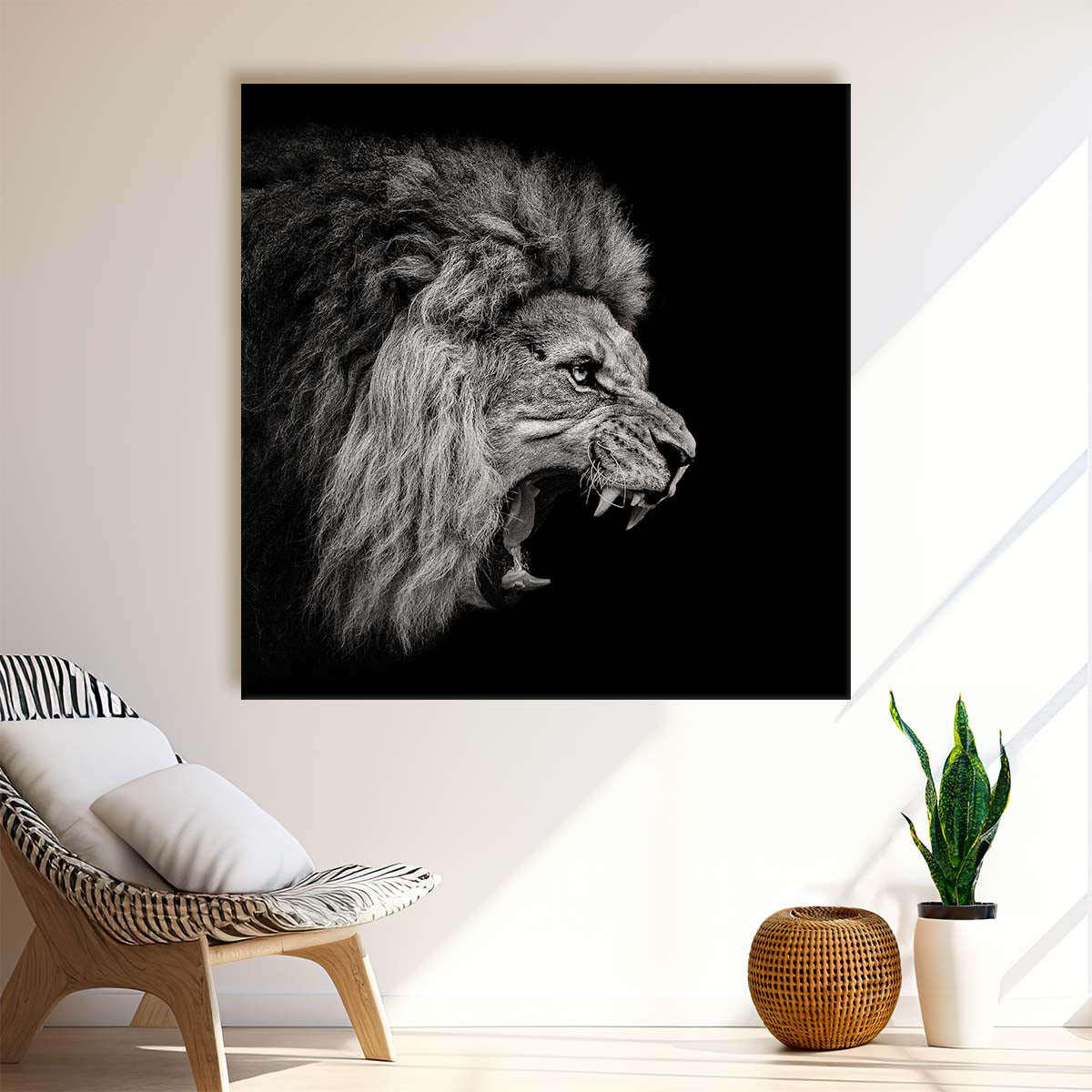 Dark Monochrome Roaring Lion The Angry Predator Wall Art by Luxuriance Designs. Made in USA.