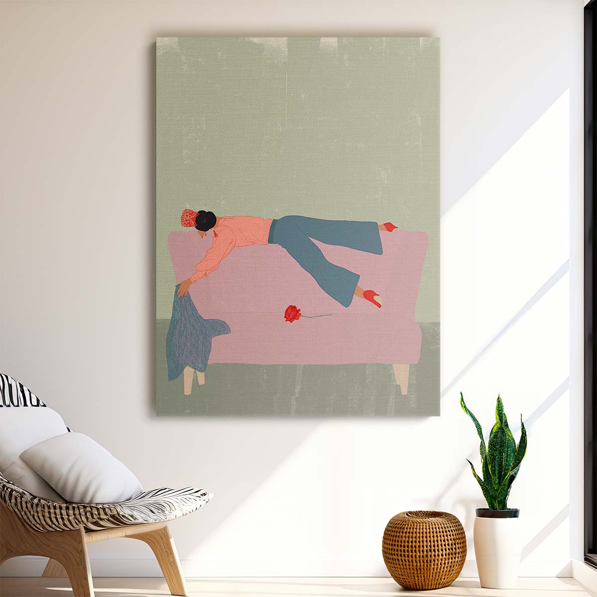 Mid-Century Floral Woman Illustration, Sofa & High Heels Art by Luxuriance Designs, made in USA