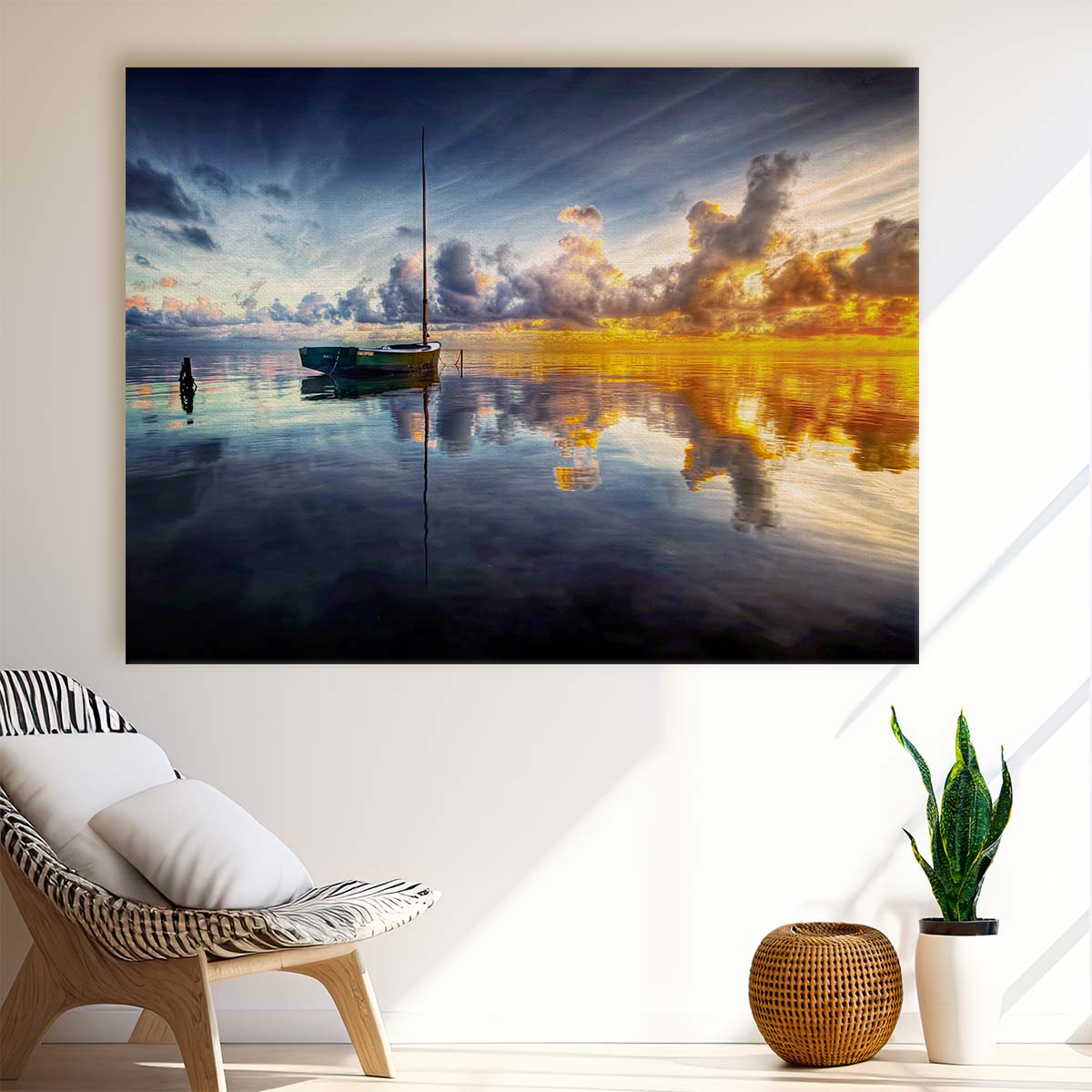 Golden Sunrise Sailboat Reflection Kaneohe Bay Wall Art by Luxuriance Designs. Made in USA.