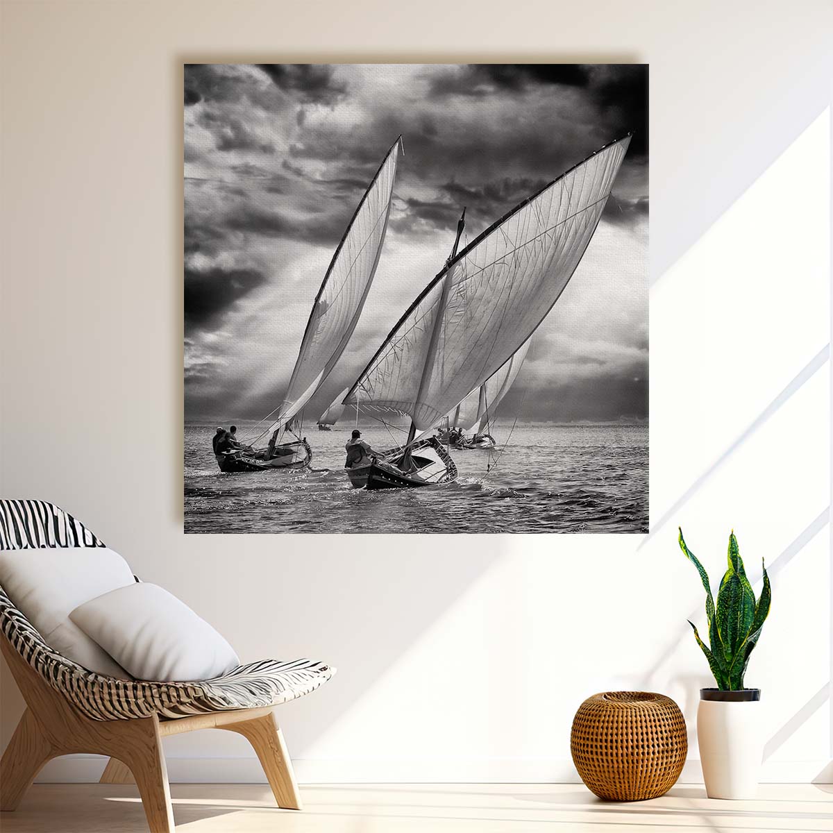 Monochrome Sailboat Race Seascape Ocean Photography Wall Art by Luxuriance Designs. Made in USA.