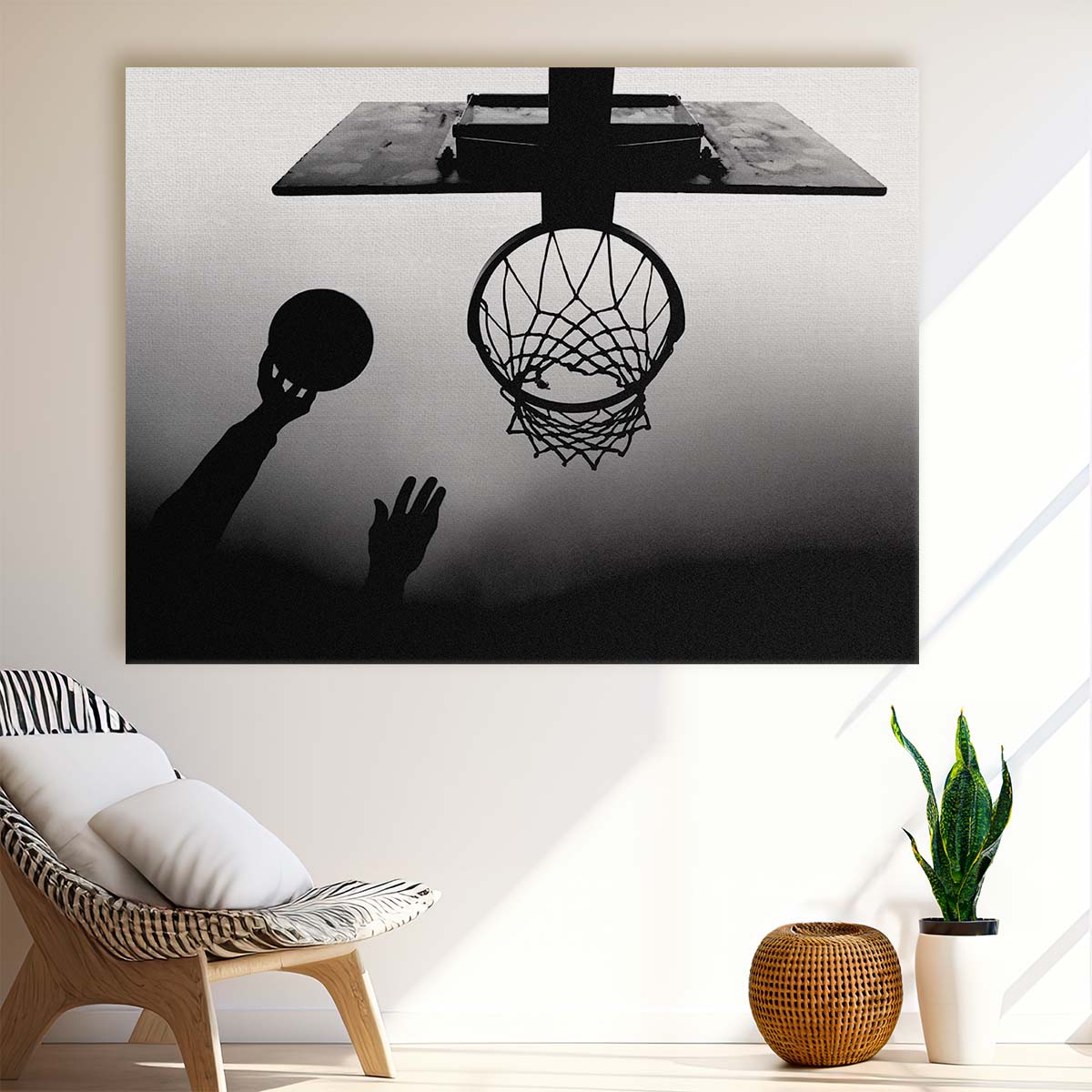 Dynamic Basketball Dunk Minimalist Black & White Wall Art by Luxuriance Designs. Made in USA.